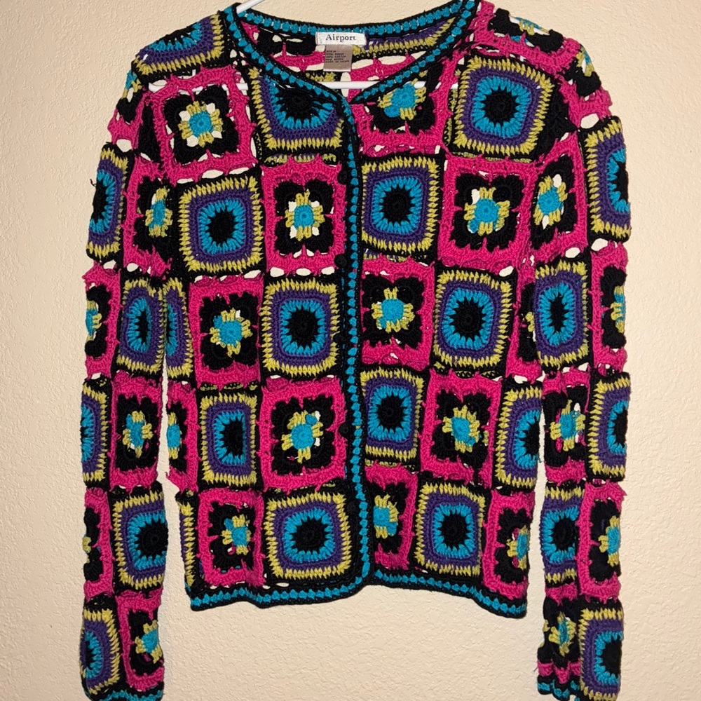 Multicolor Crochet Square Cardigan Sweater - Pink/Blue